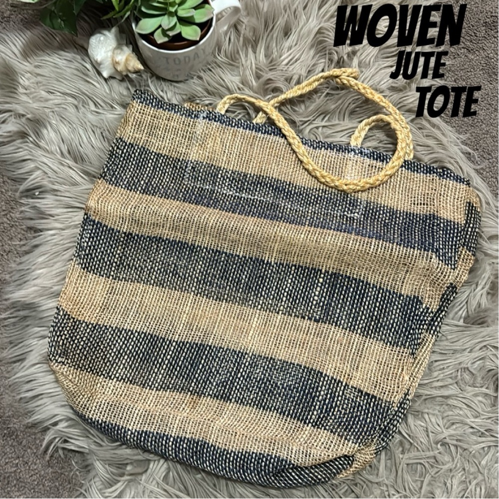 Woven Jute Tote Bag-Navy/Natural Stripes-Open Top-Braided Handles